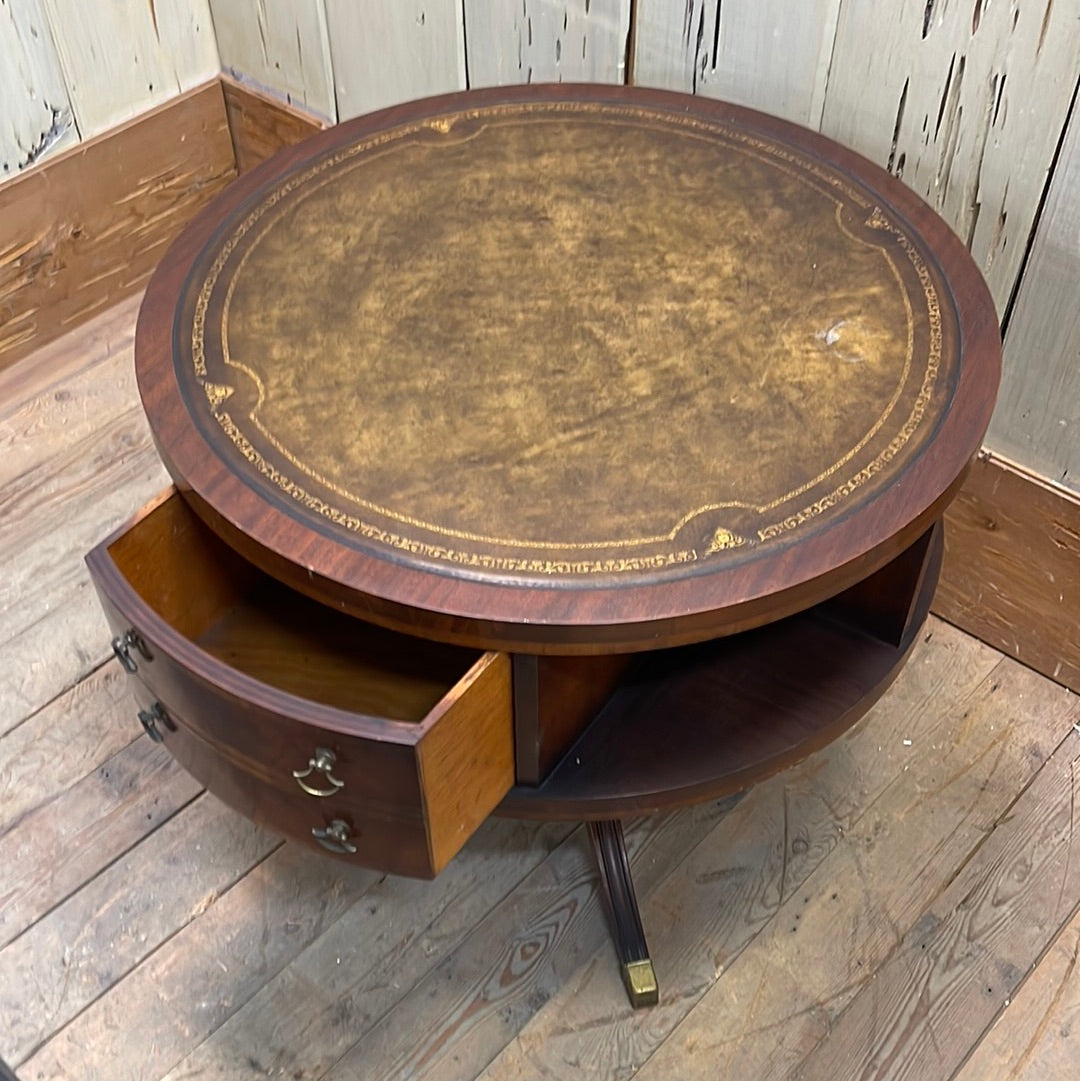 Antique Revolving Mahogany Drum Table with Leather Top