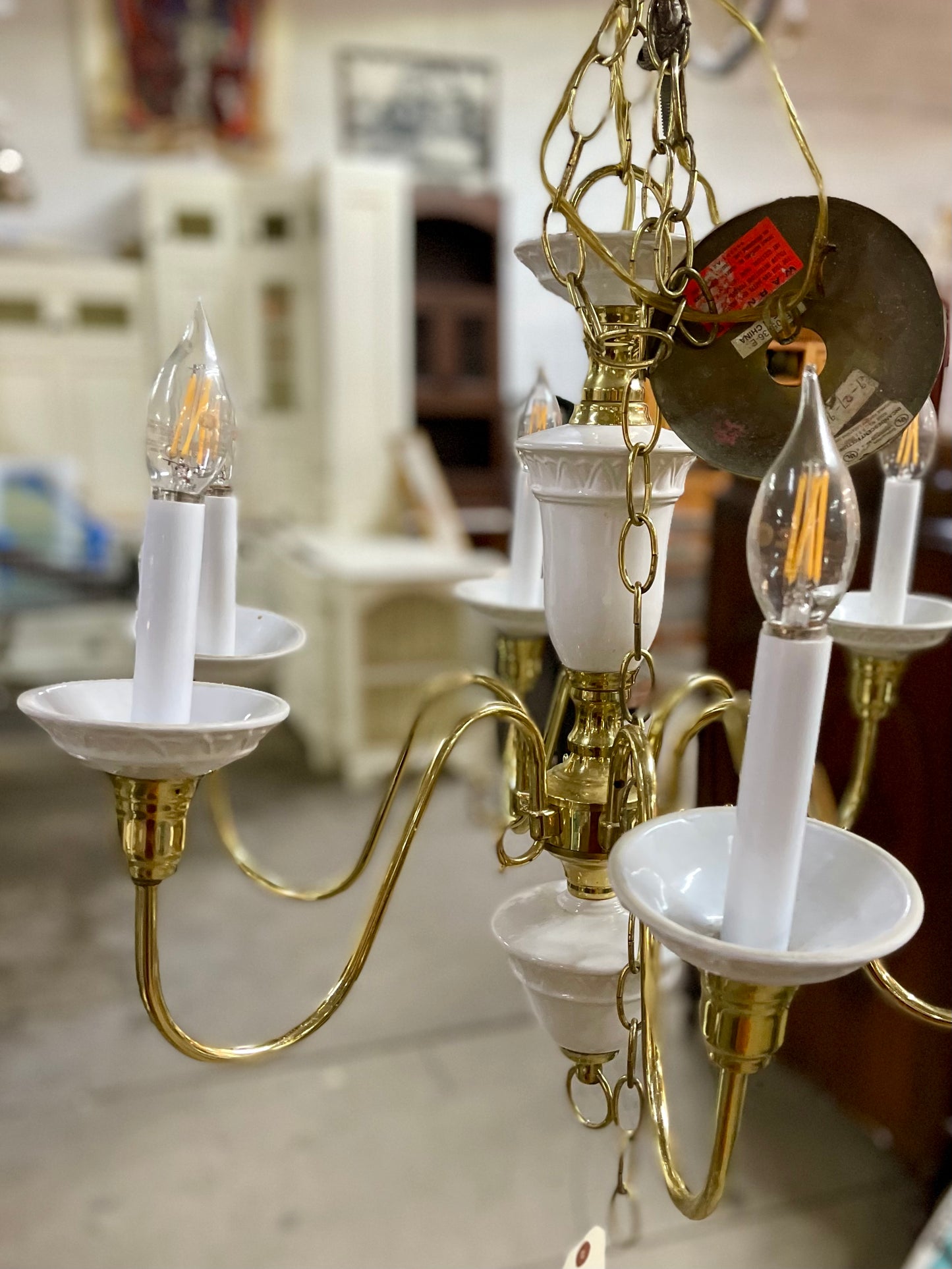 Six Bulb White Ceramic and Brass Chandelier