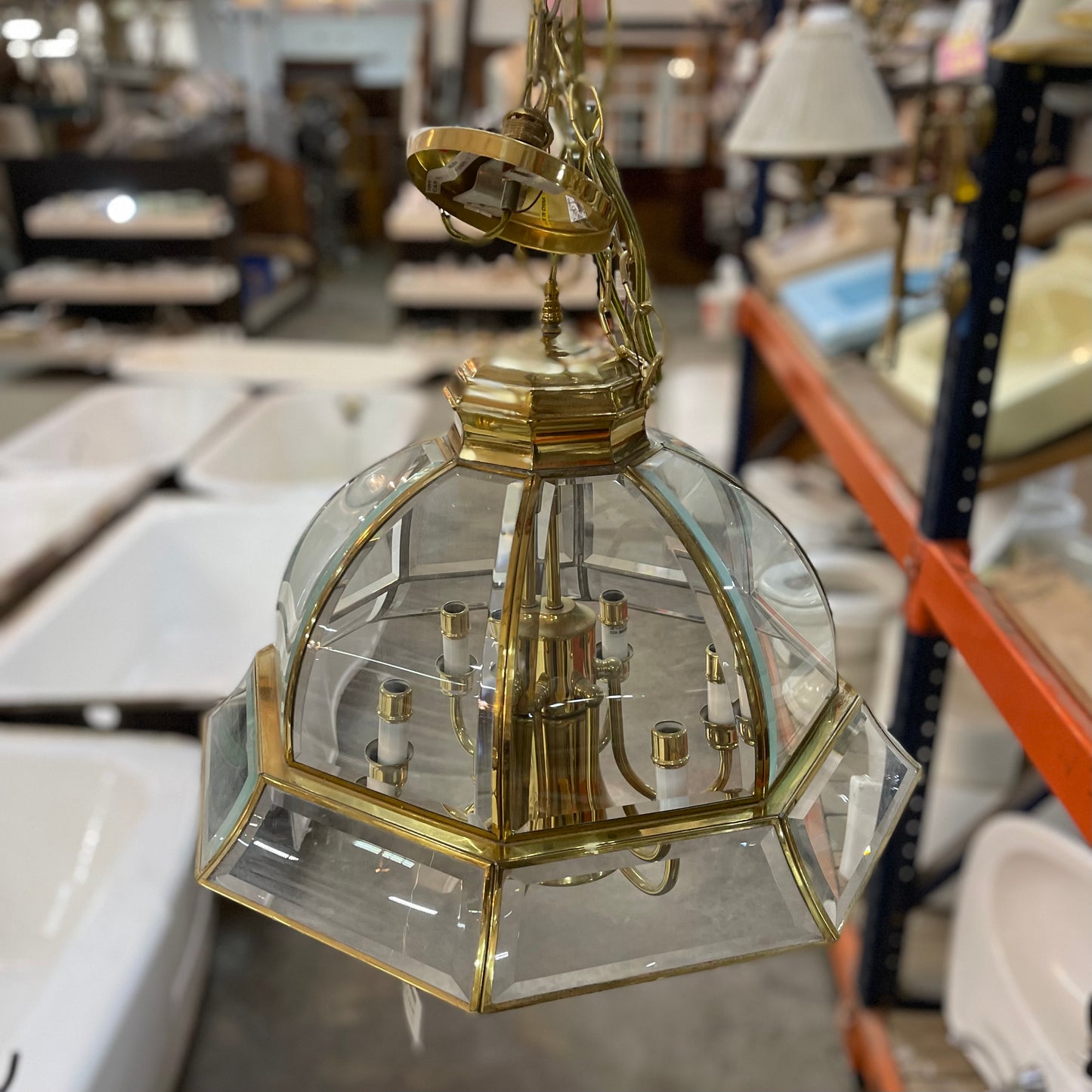 Brass Chandelier with Beveled Glass