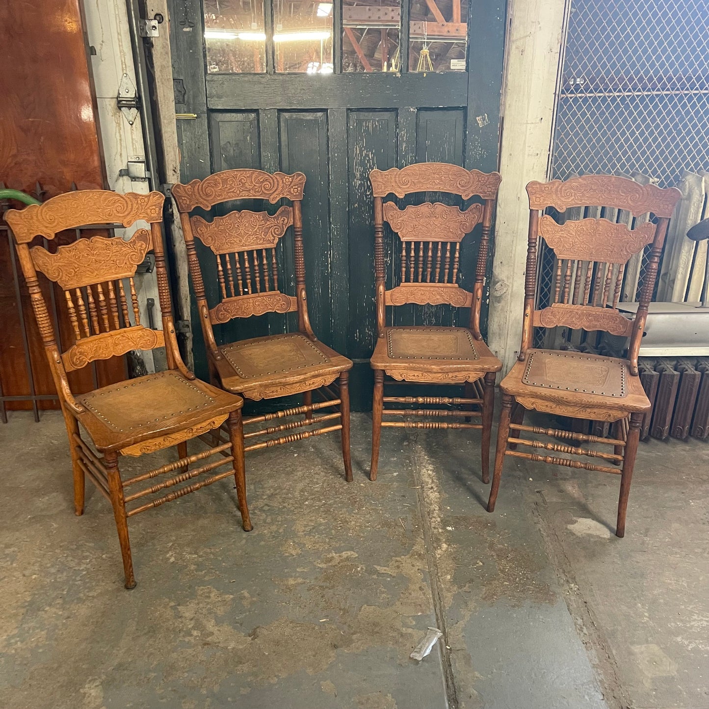 Antique Oak Press Back Dining Chair Set