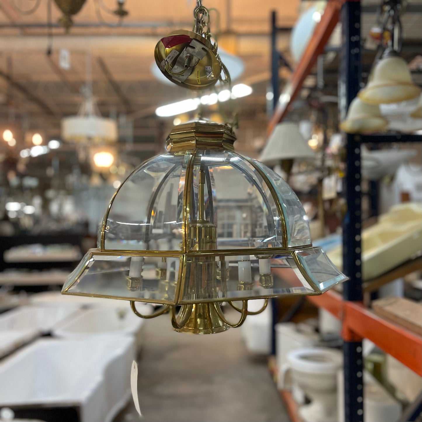 Brass Chandelier with Beveled Glass