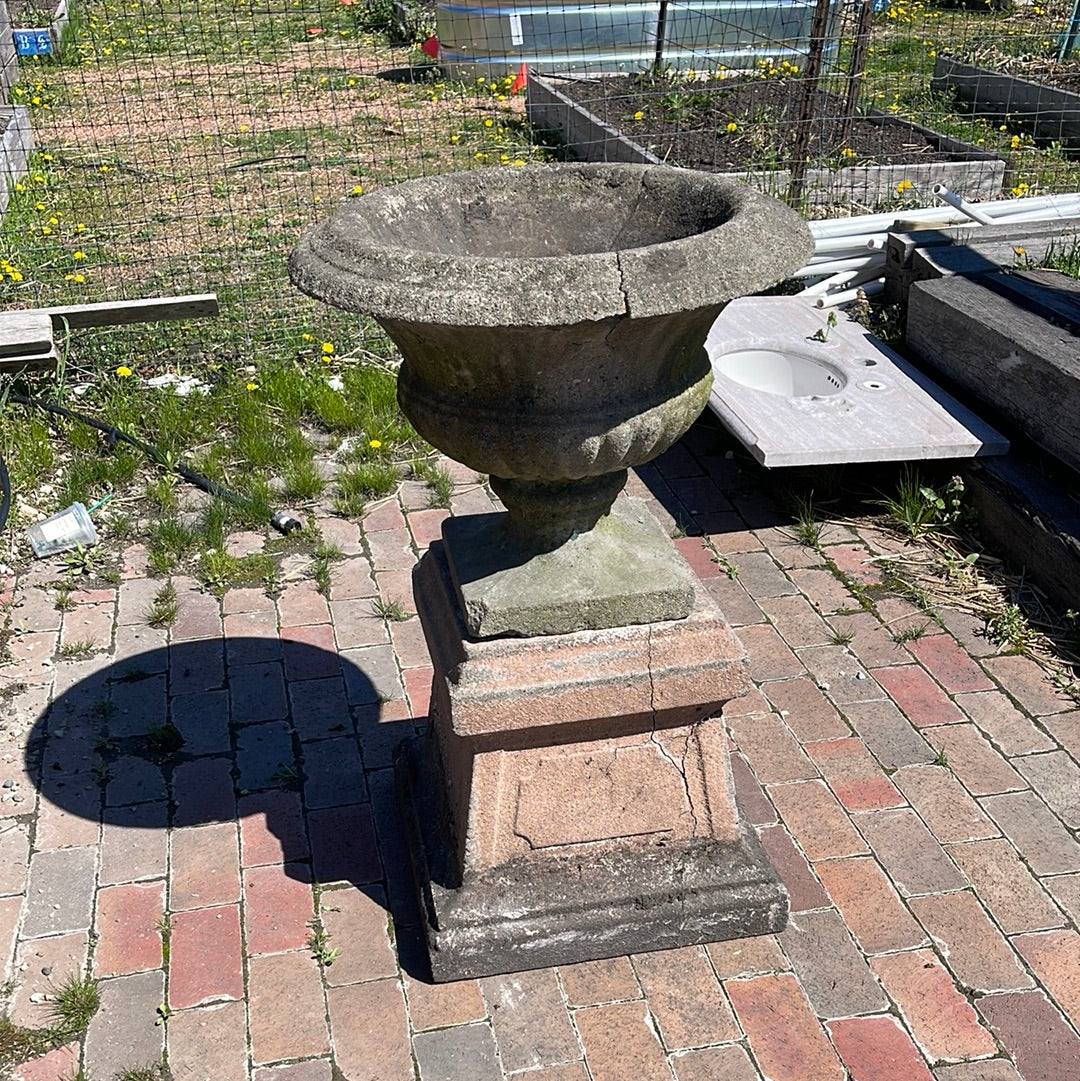 Antique Stone Urn Planter With Base