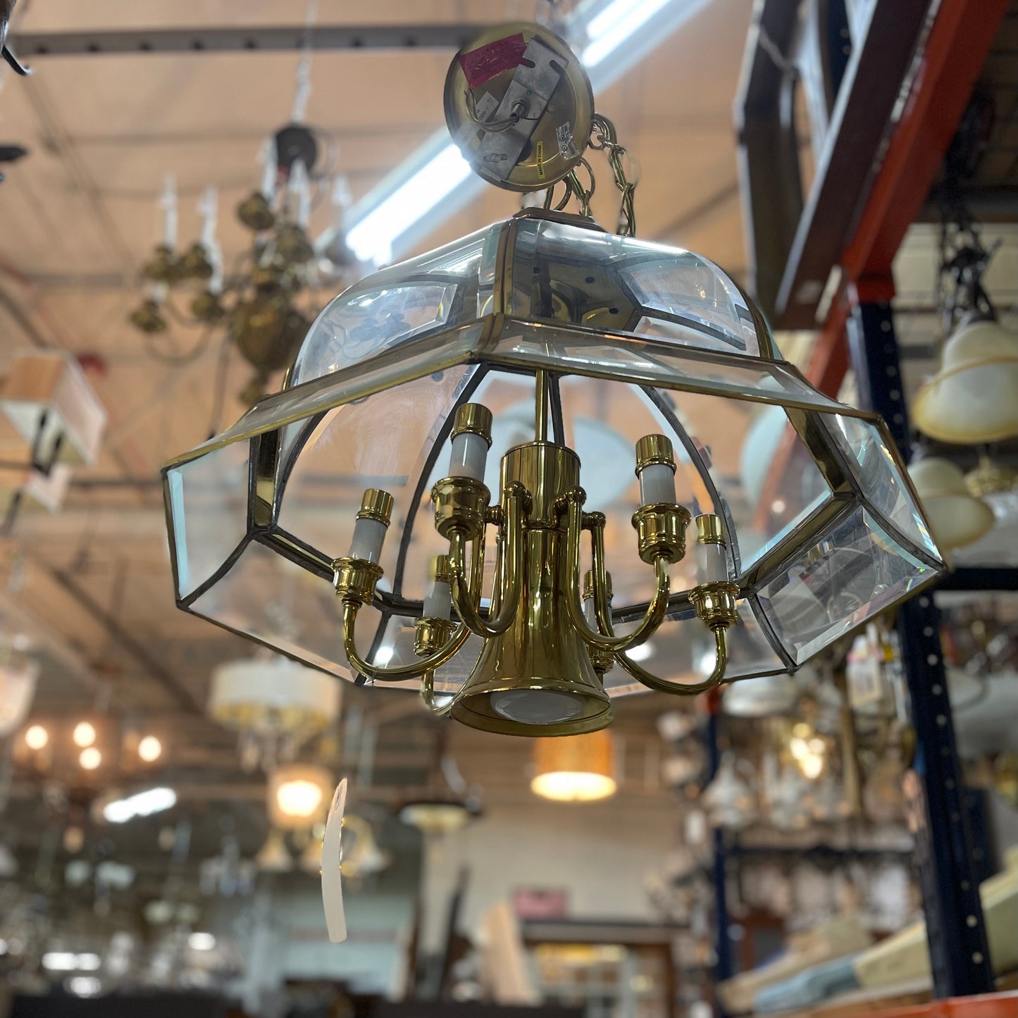 Brass Chandelier with Beveled Glass