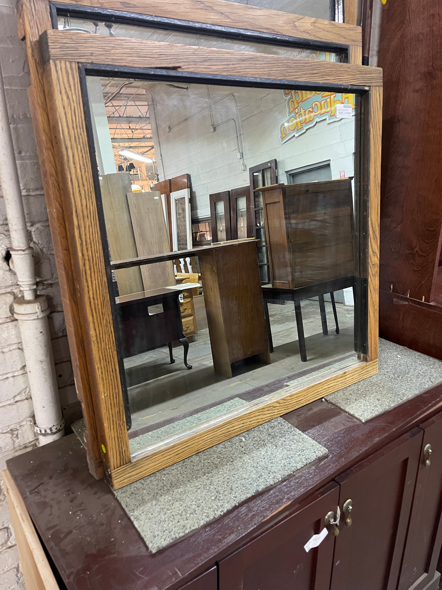Salvaged Old Oak Framed Mirror